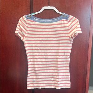 Ralph Lauren Pink and Cream Striped Short-Sleeve Tee with Blue Trim